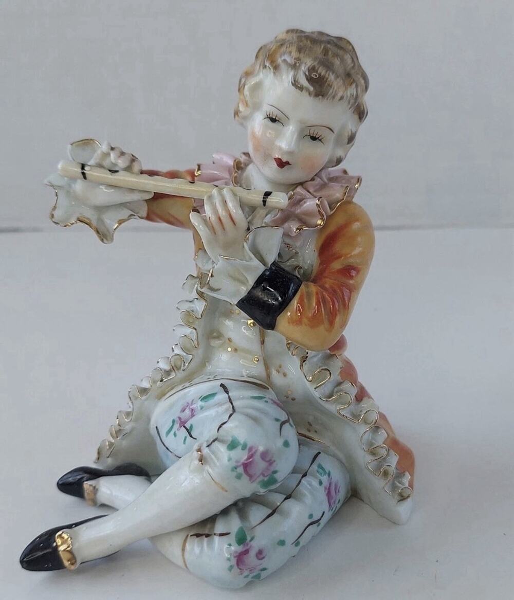4” Vintage Victorian Porcelain Figurine Boy With Flute Gold Trim~Unmarked